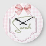 Personalized Sarah Baby Girl Nursery Bow&amp;Gingham Large Clock