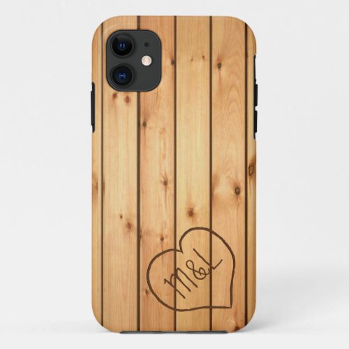 Personalized Sauna Wood Panels w Heart  Initials iPhone 11 Case