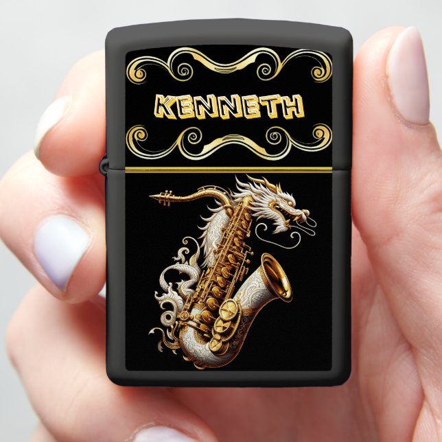 Personalized Saxophone Lighter with Dragon Art (In Hand)