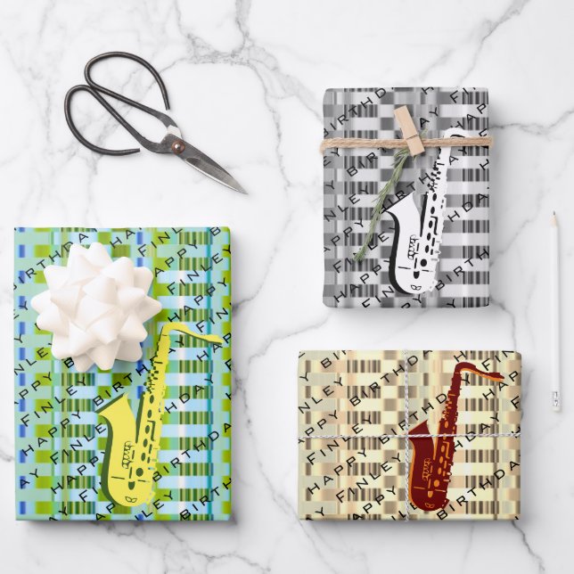 Personalized Saxophone Modern Sax Name Birthday Wrapping Paper Sheets (Front)