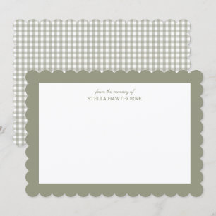 Personalized Scallop Script Sage Green Gingham Note Card