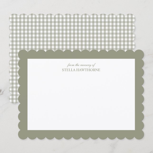 Personalized Scallop Script Sage Green Gingham Note Card (Front/Back)