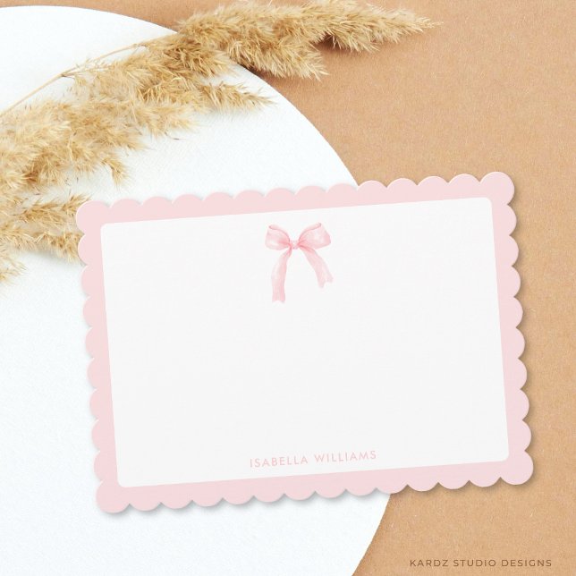 Personalized Scalloped Elegant Pink Bow Note Card (Card is shown in 5 x 7 inches with a scalloped frame, add your name, and choose corner style.)