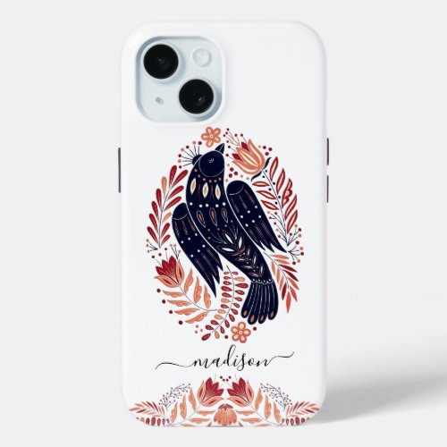 Personalized Scandi Folk Art Bird And Florals iPhone 15 Case