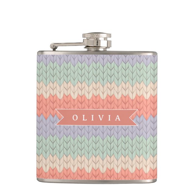 Personalized Scandinavian Pastel Knit Pattern Name Flask (Front)