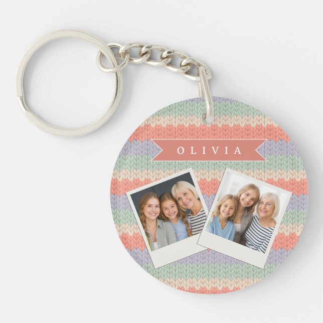 Personalized Scandinavian Pastel Knit Pattern Name Keychain (Front)