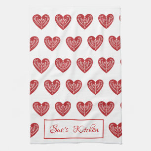 Personalized Scandinavian Red Heart Kitchen Towel