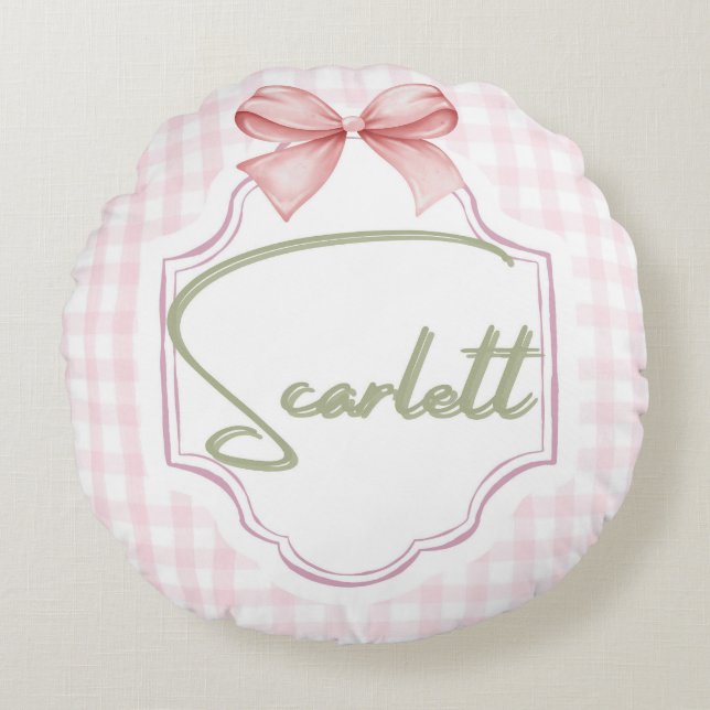 Personalized Scarlett Baby Girl Nursery Gingham  Round Pillow (Front)