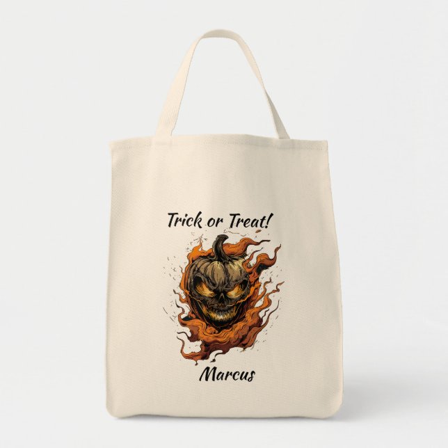 Personalized Scary Pumpkinhead Trick or Treat Tote Bag (Front)