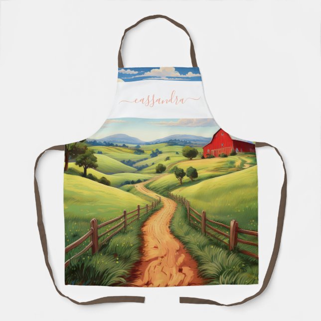 Personalized Scenic Farm Path Design with Name Apron (Front)