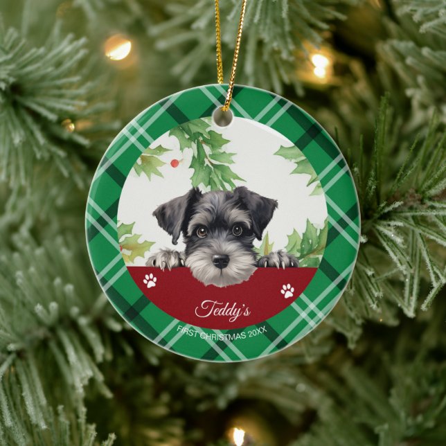 Personalized Schnauzer First Christmas Ceramic Ornament (Tree)
