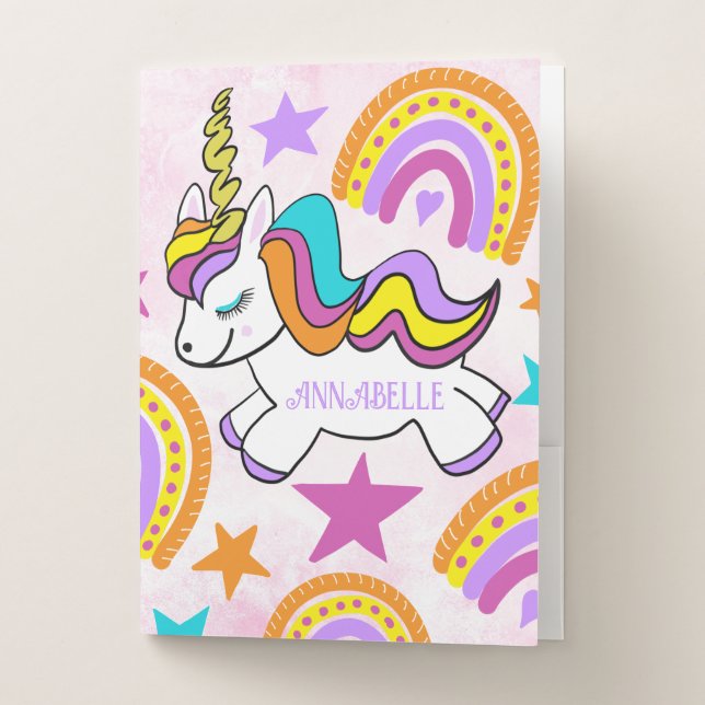 Personalized School Girls Rainbow Unicorn Pocket Folder (Front)