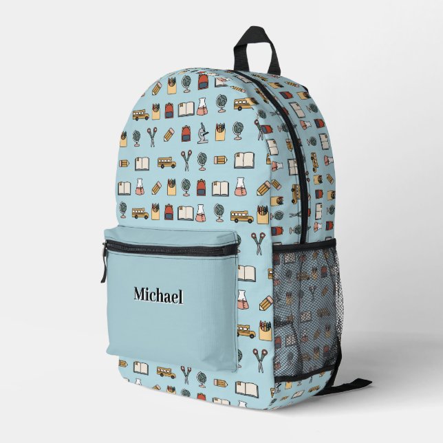 Personalized School Icons Book Bus Globe Backpack  (Back Corner Right)