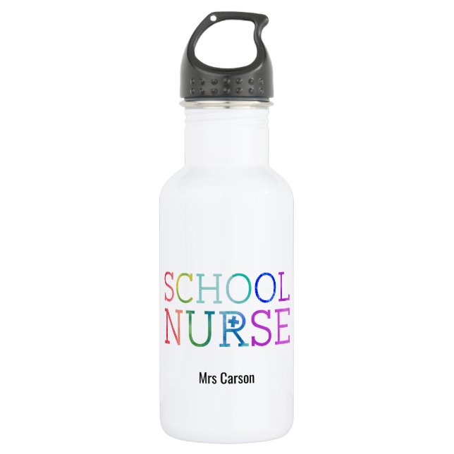 Personalized School Nurse Rainbow Typography Water Bottle (Front)
