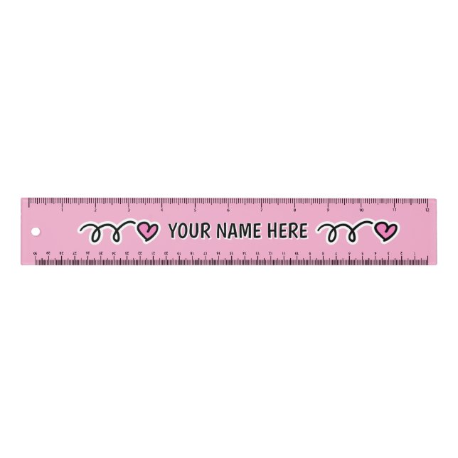 Personalized school ruler with cute pink hearts (Front)