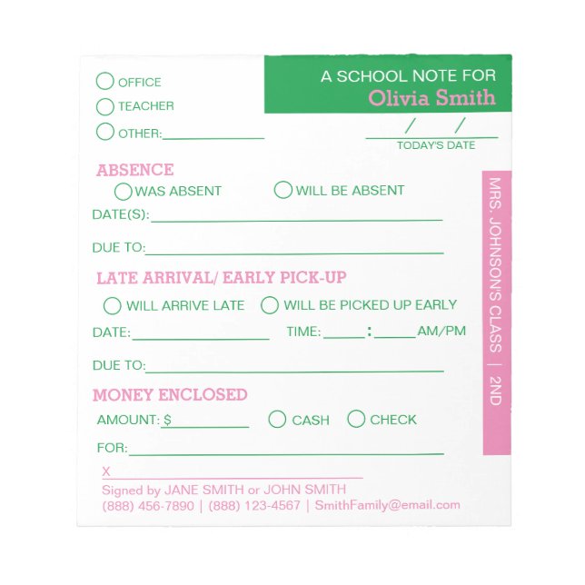 Personalized School Student Parent Notepad (Front)