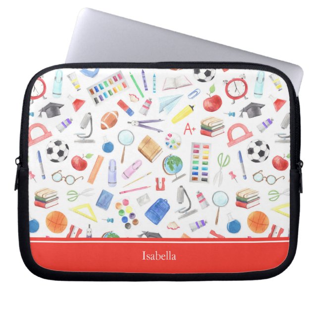 Personalized School Supplies Pattern First Name Laptop Sleeve (Front)