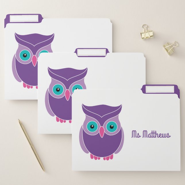 Personalized School Teacher Purple Owl Animal File Folder (Set)