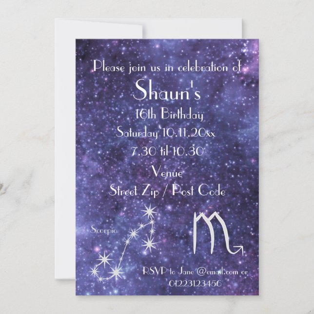 Personalized Scorpio Zodiac Galaxy Party Invitation (Front)