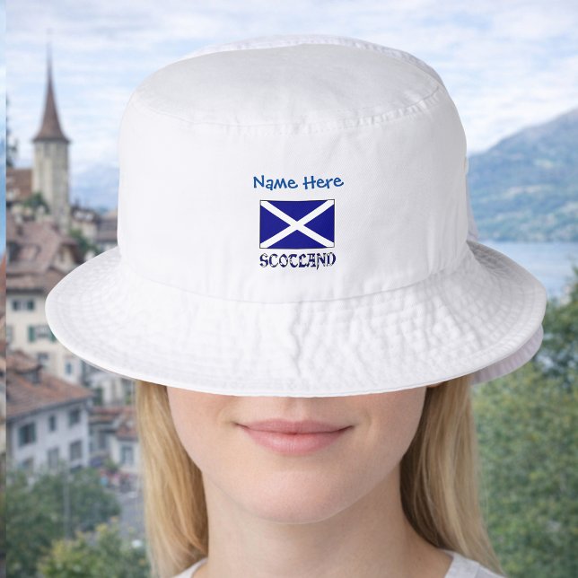 Personalized Scotland Flag Bucket Hat (Personalized bucket hat has Scot Flag (St Andrew's Cross) and SCOTLAND below in flag colors.Add name)