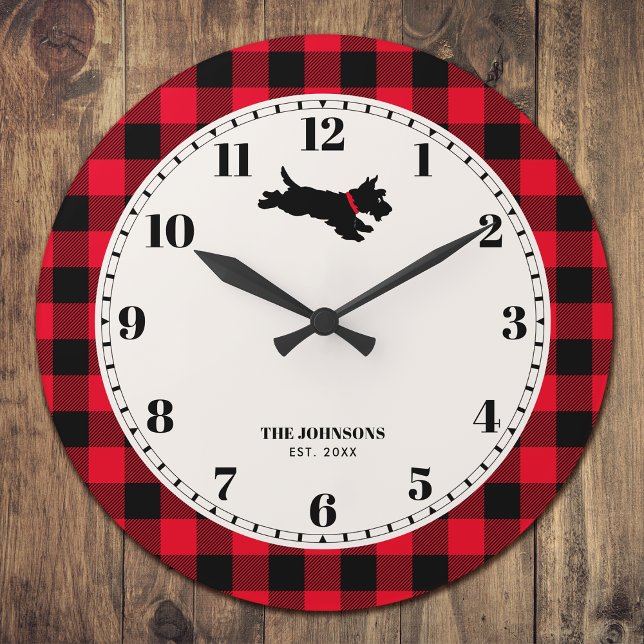 Personalized Scottie Dog Buffalo Check Red Large Clock (Creator Uploaded)