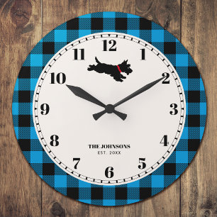 Personalized Scottie Dog Buffalo Plaid Blue Large Clock