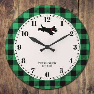 Personalized Scottie Dog Buffalo Plaid Green Large Clock