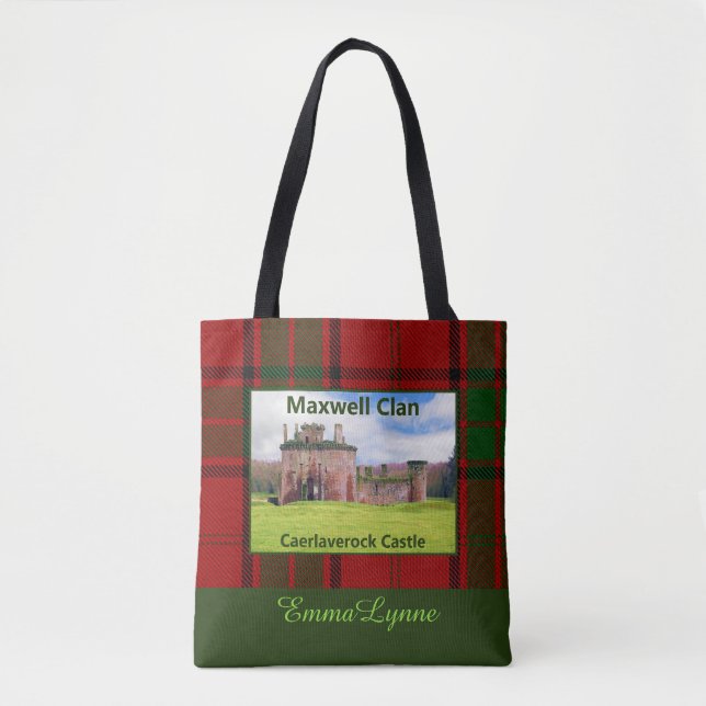 Personalized Scottish Clan Maxwell Tartan & Castle Tote Bag (Front)