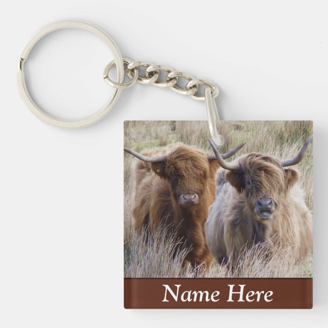 Personalized Scottish Highland Cows Keychain (Front)