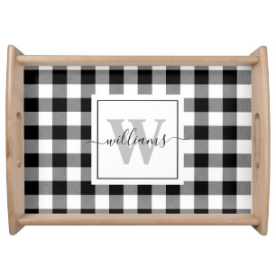 Personalized Script Black Buffalo Plaid Monogram Serving Tray