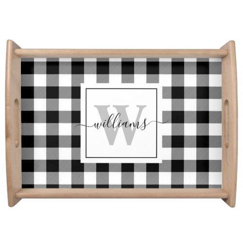 Personalized Script Black Buffalo Plaid Monogram Serving Tray