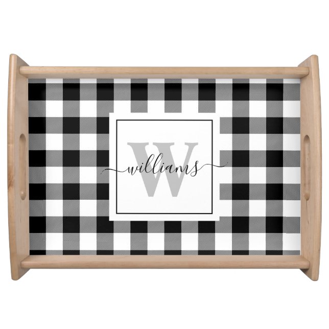 Personalized Script Black Buffalo Plaid Monogram Serving Tray (Front)