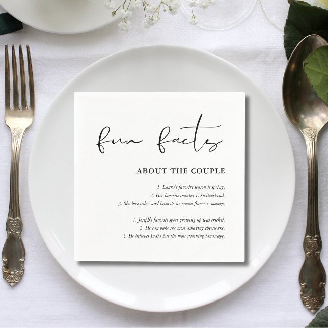 Personalized Script Black White Wedding Fun Facts Napkins (Creator Uploaded)