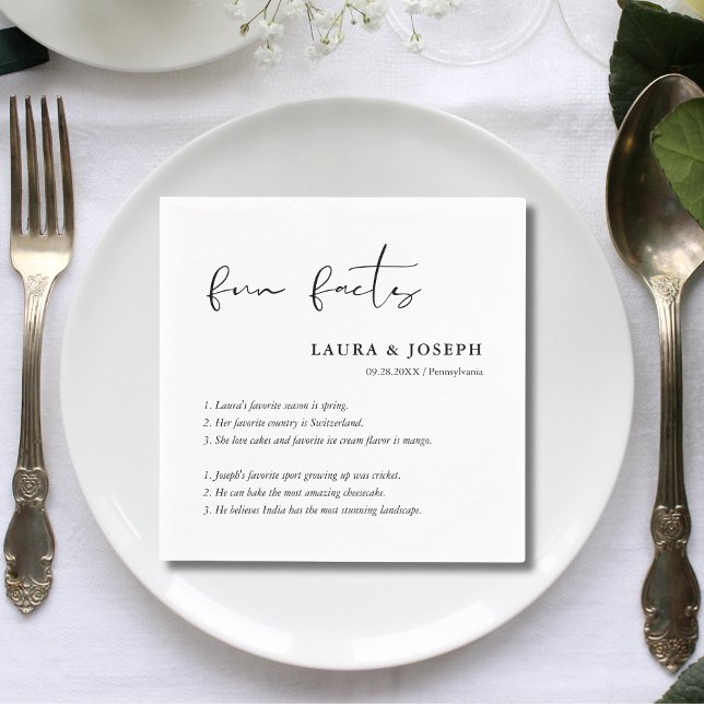 Personalized Script Black White Wedding Fun Facts Napkins (Personalized script black white fun facts napkins add meaningful charm to wedding tables)