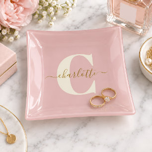 Personalized Script Blush Pink Gold Monogram Name Trinket Tray