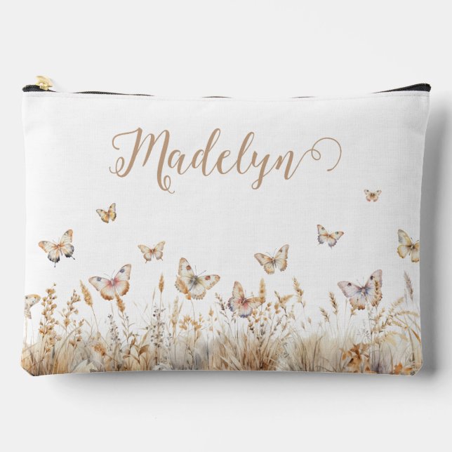 Personalized Script Boho Butterflies Accessory Pouch (Front)
