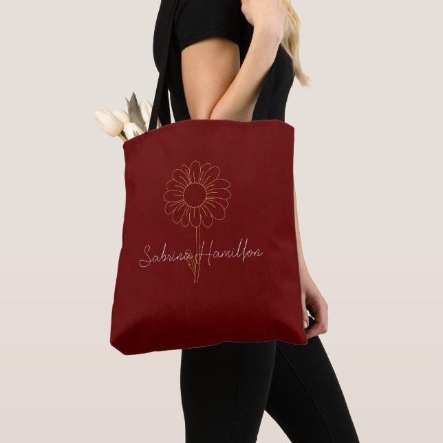 Personalized Script Cute Daisy Maroon Elegant Tote Bag (Close Up)