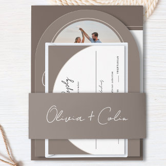 Personalized Script First Names Taupe Wedding Invitation Belly Band