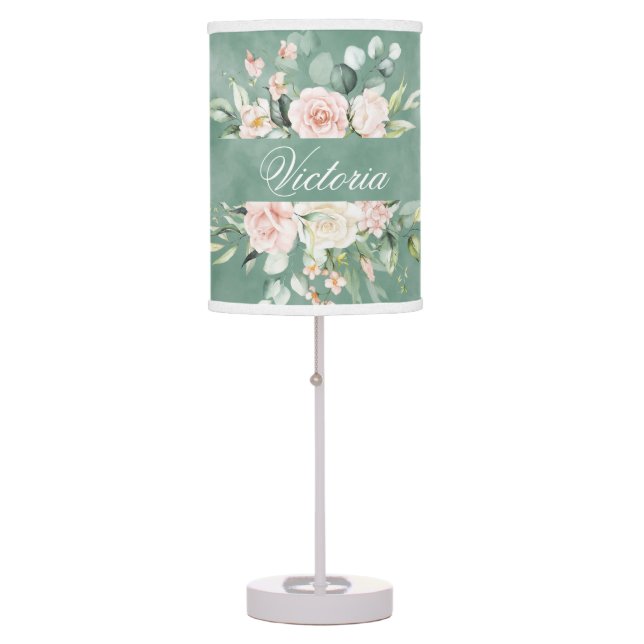 Personalized Script Floral Elegant Watercolor Name Table Lamp (Front)