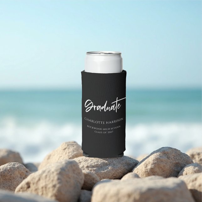 Personalized Script Graduation Party Black & White Seltzer Can Cooler (Creator Uploaded)