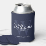 Personalized Script Groomsmen's name and Monogram  Can Cooler<br><div class="desc">Add a personal touch to your wedding with personalized groomsmen can cooler. This can cooler features personalized groomsman's name in white classic script font style with wedding details in white classic serif font style and monogram in light navy blue classic serif font style as background, on navy blue background. Also...</div>