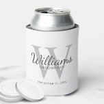 Personalized Script Groomsmen's name and Monogram Can Cooler<br><div class="desc">Add a personal touch to your wedding with personalized groomsmen can cooler. This can cooler features personalized groomsman's name in grey classic script font style with wedding details in grey classic serif font style and monogram in light grey classic serif font style as background, on white background. Also perfect for...</div>
