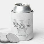 Personalized Script Groomsmen's name and Monogram  Can Cooler<br><div class="desc">Add a personal touch to your wedding with personalized groomsmen can cooler. This can cooler features personalized groomsman's name in grey classic script font style with wedding details in grey classic serif font style and monogram in light grey classic serif font style as background, on white marble background. Also perfect...</div>