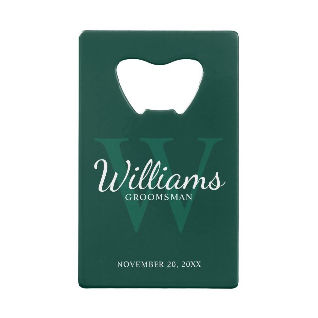 Personalized Script Groomsmen's Name and Monogram  Credit Card Bottle Opener (Front)