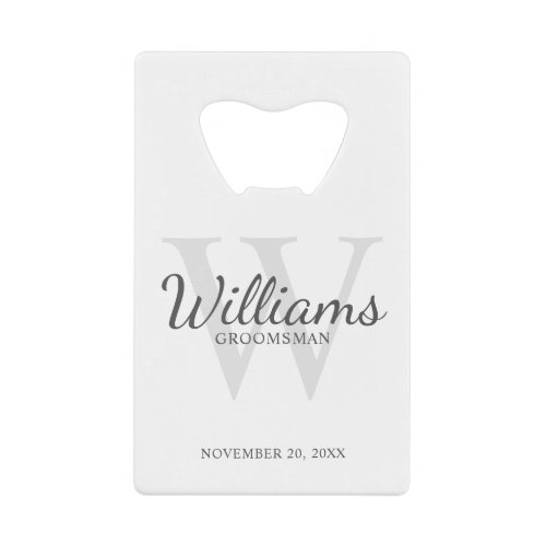 Personalized Script Groomsmens Name and Monogram Credit Card Bottle Opener