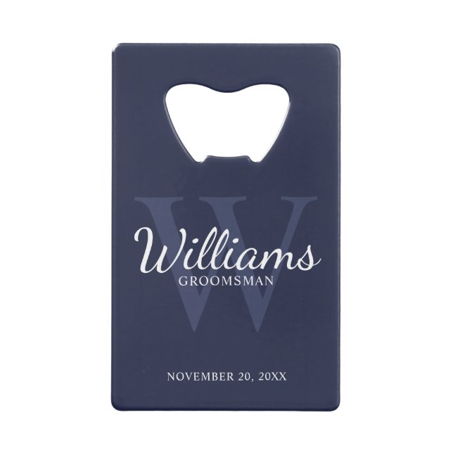 Personalized Script Groomsmen's Name and Monogram  Credit Card Bottle Opener (Front)