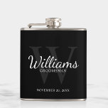 Personalized Script Groomsmen's name and Monogram  Flask<br><div class="desc">Add a personal touch to your wedding with personalized groomsmen flask. This flask features personalized groomsman's name in white classic script font style with wedding details in white classic serif font style and monogram in grey classic serif font style as background, on black background. Also perfect for best man, father...</div>