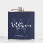 Personalized Script Groomsmen's name and Monogram  Flask<br><div class="desc">Add a personal touch to your wedding with personalized groomsmen flask. This flask features personalized groomsman's name in white classic script font style with wedding details in white classic serif font style and monogram in light navy blue classic serif font style as background, on navy blue background. Also perfect for...</div>