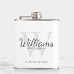 Personalized Script Groomsmen's name and Monogram Flask<br><div class="desc">Add a personal touch to your wedding with personalized groomsmen flask. This flask features personalized groomsman's name in grey classic script font style with wedding details in grey classic serif font style and monogram in light grey classic serif font style as background, on white background. Also perfect for best man,...</div>