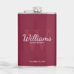 Personalized Script Groomsmen's name and Monogram Flask<br><div class="desc">Add a personal touch to your wedding with personalized groomsmen flask. This flask features personalized groomsman's name in white classic script font style with wedding details in white classic serif font style and monogram in light burgundy red classic serif font style as background, on burgundy red background. Also perfect for...</div>